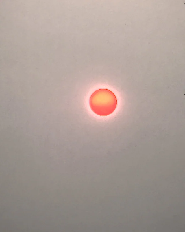 A red sun in a grey, hazy morning sky