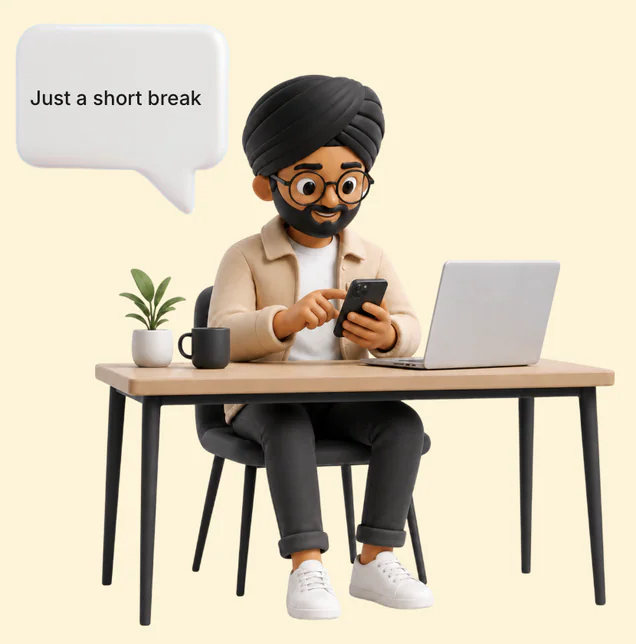 A student at a desk thinks "Just a short break".