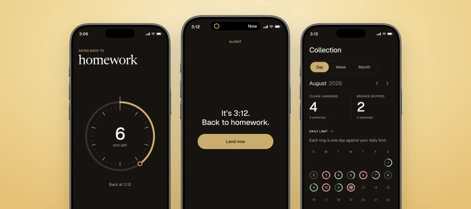 Three iPhones running Alight: a break counting down with 6 min left, the 3:12 shield that says Back to homework with a Land now button, and the Collection screen.