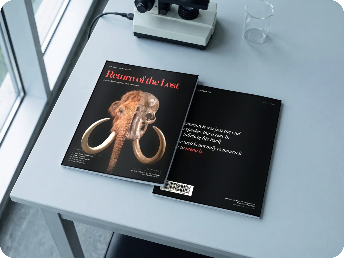 The magazine and its back cover lie on a lab table beside a microscope and a beaker.
