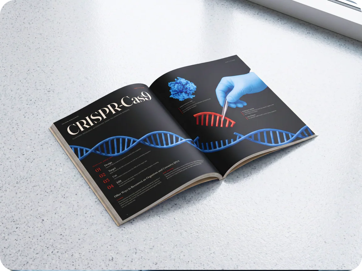 The magazine open on a lab table.