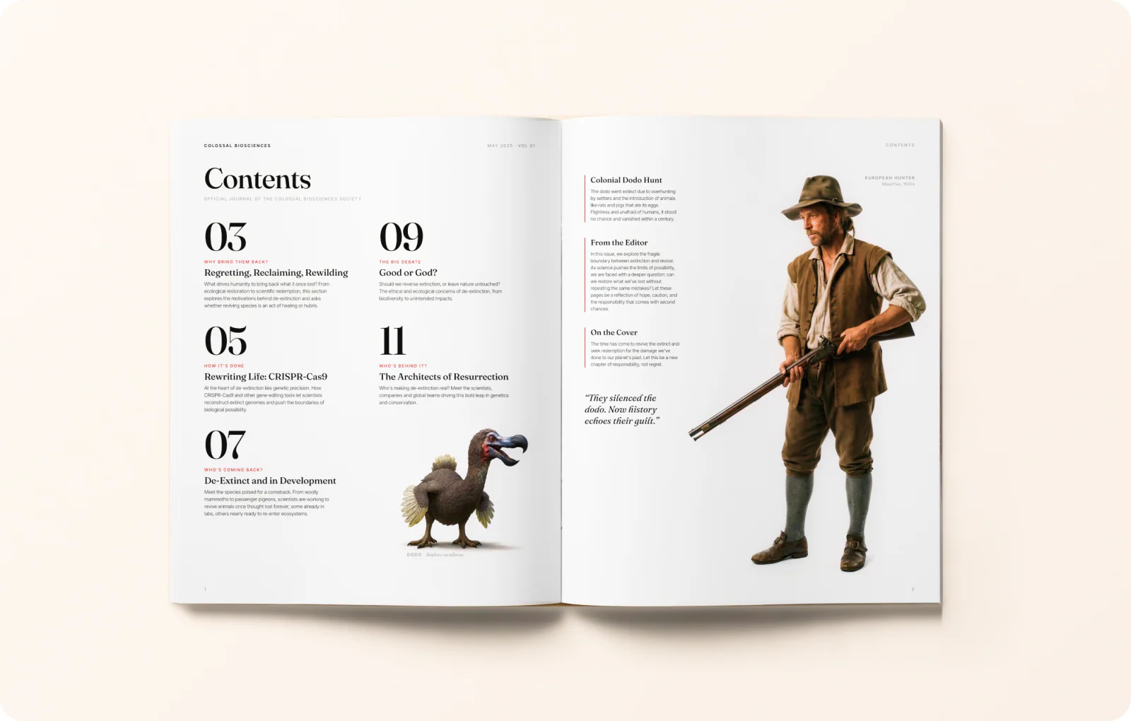 Magazine spread 1: Contents and a hunter figure.