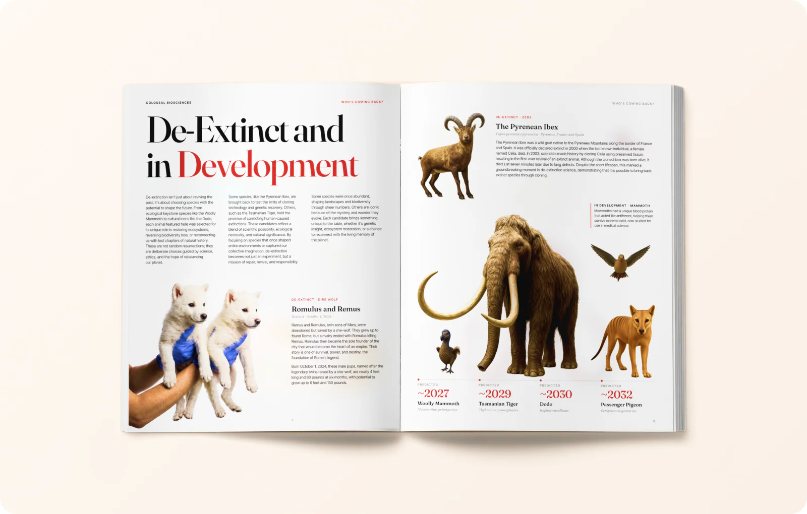 Magazine spread 4: De-Extinct and in Development.