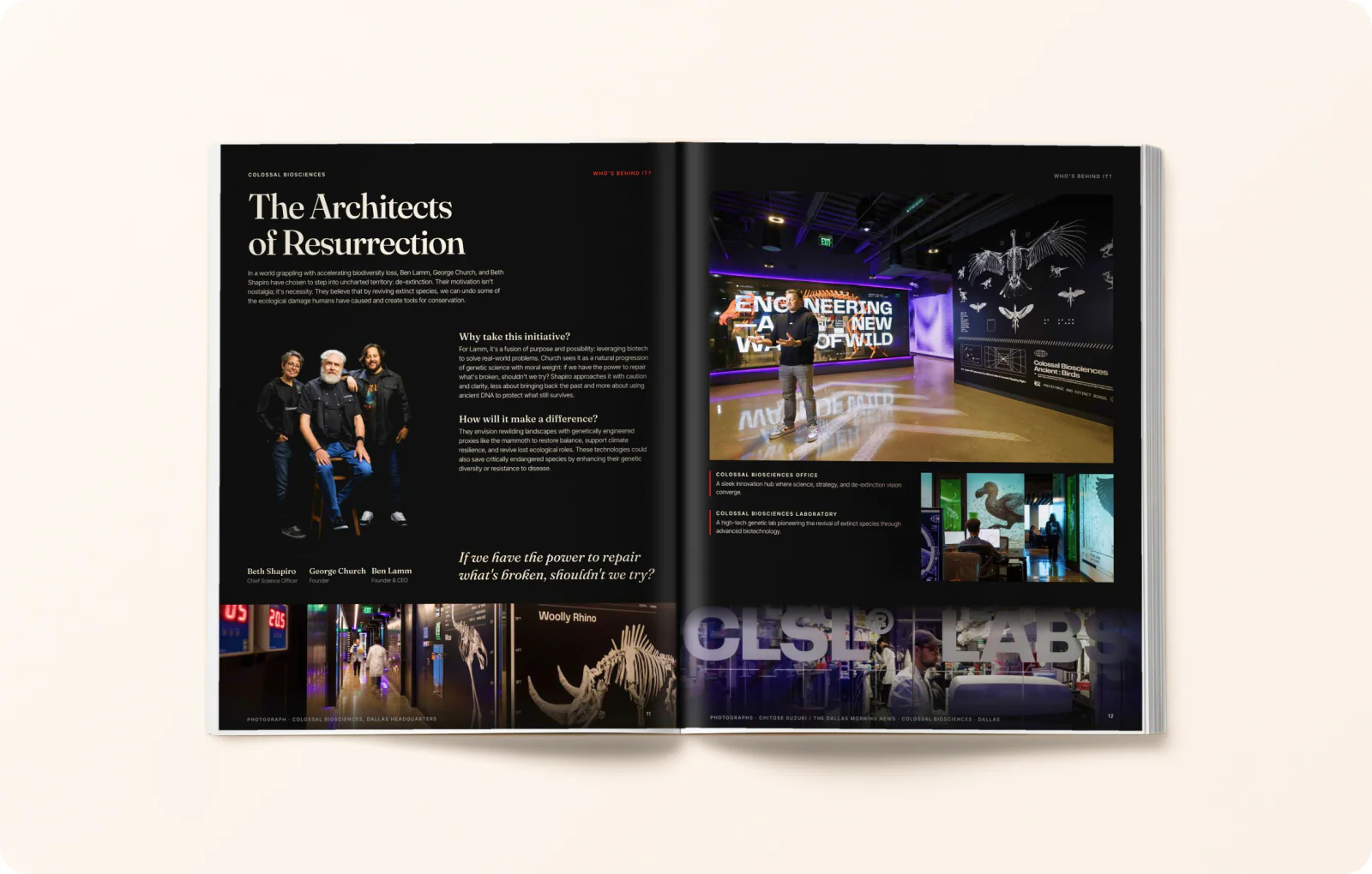 Magazine spread 6: The Architects of Resurrection on a black page.