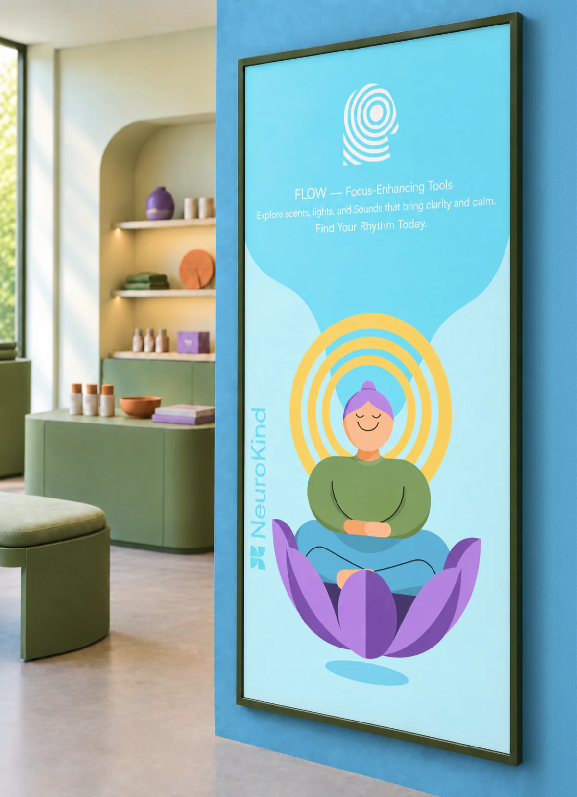 The Flow banner in a black frame on a blue wall, beside a shelf in the store.