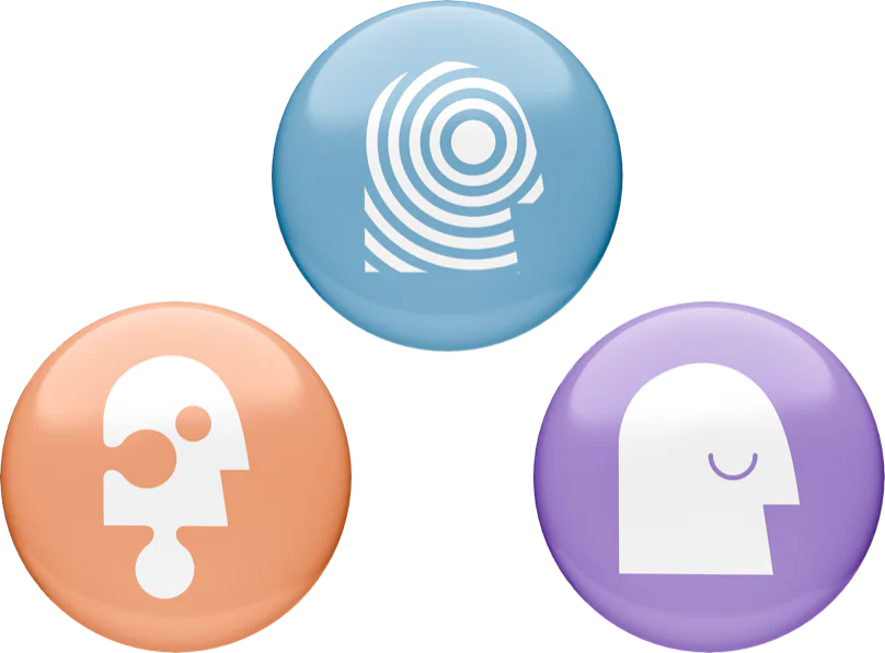 Three round badge pins, blue, orange and purple, each showing a head in profile.