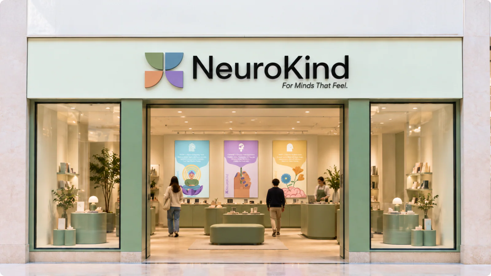 The NeuroKind shopfront in a mall, with the logo above the door and the three banners visible inside.