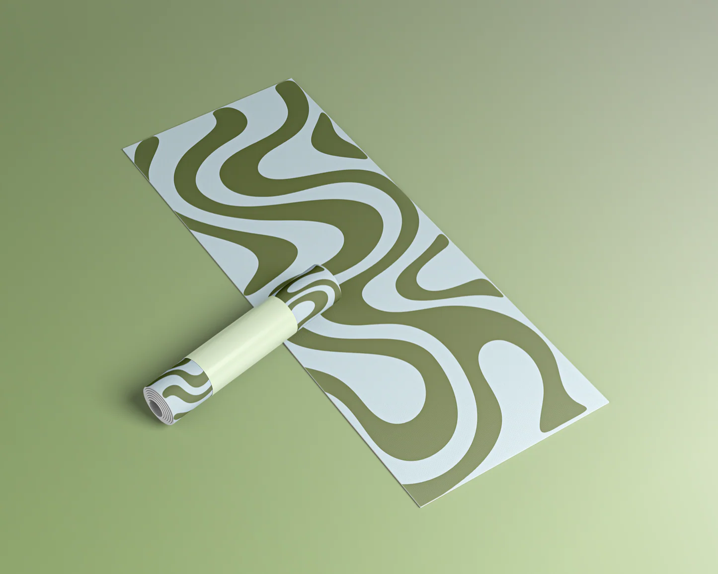 A yoga mat with a wavy green and white pattern, partly rolled up, on a green ground.