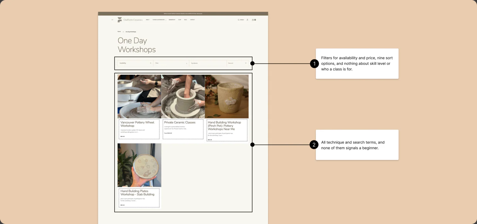 The live One Day Workshops listing with numbered notes on its filters and its class cards.