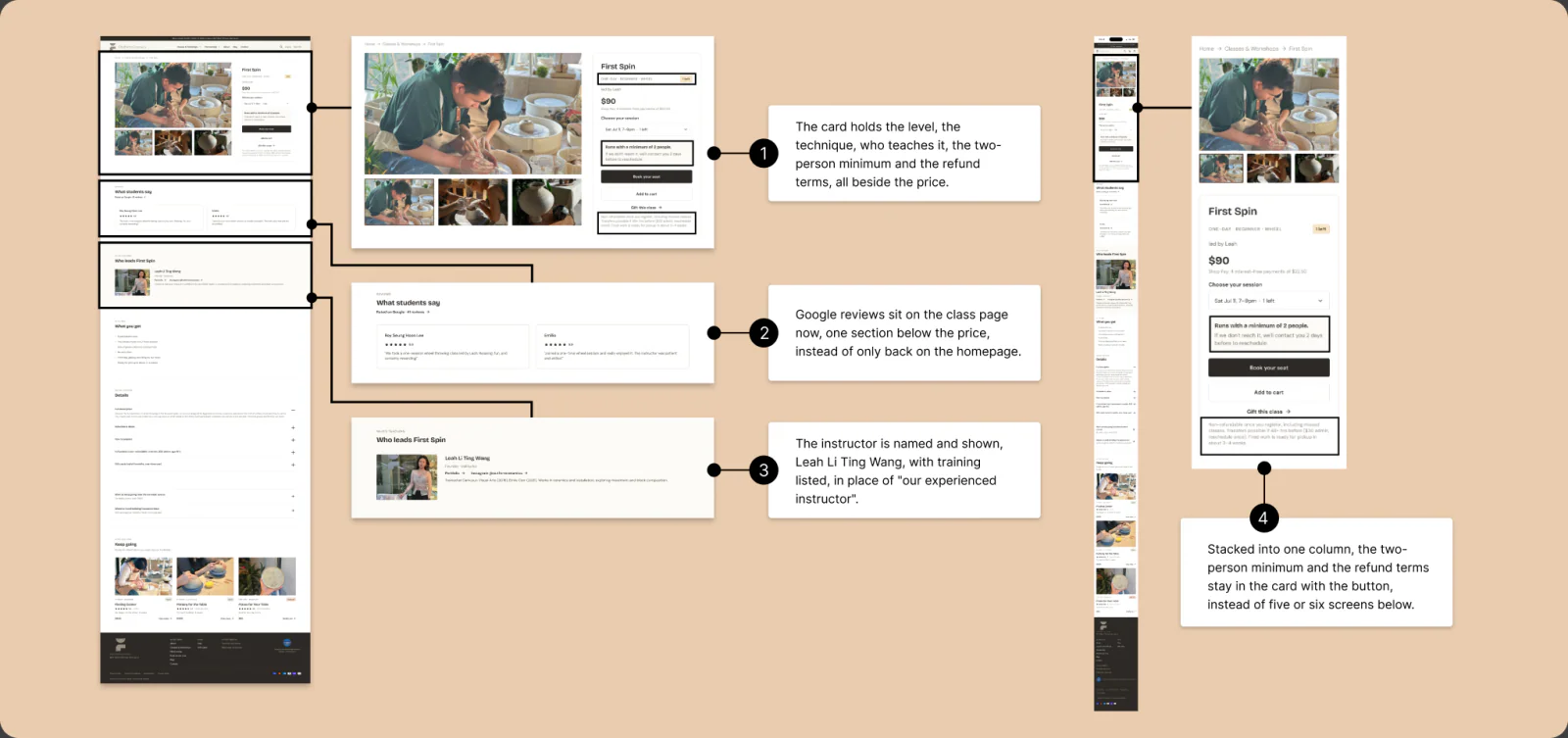 The class details page after the redesign, with the level, the terms, Google reviews and the instructor, and numbered notes.
