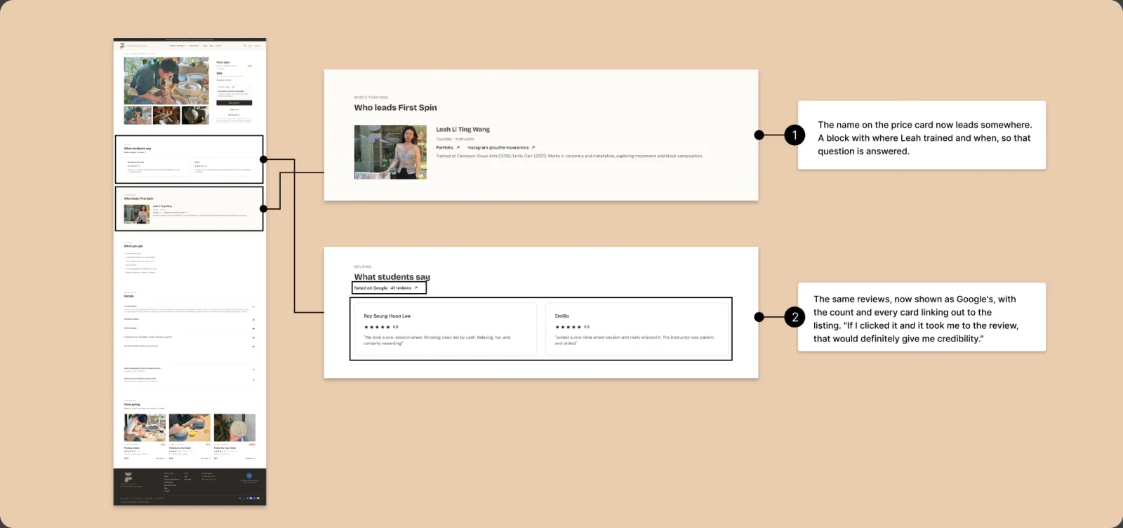 The class details page after testing, with the instructor block and Google reviews, and numbered notes.