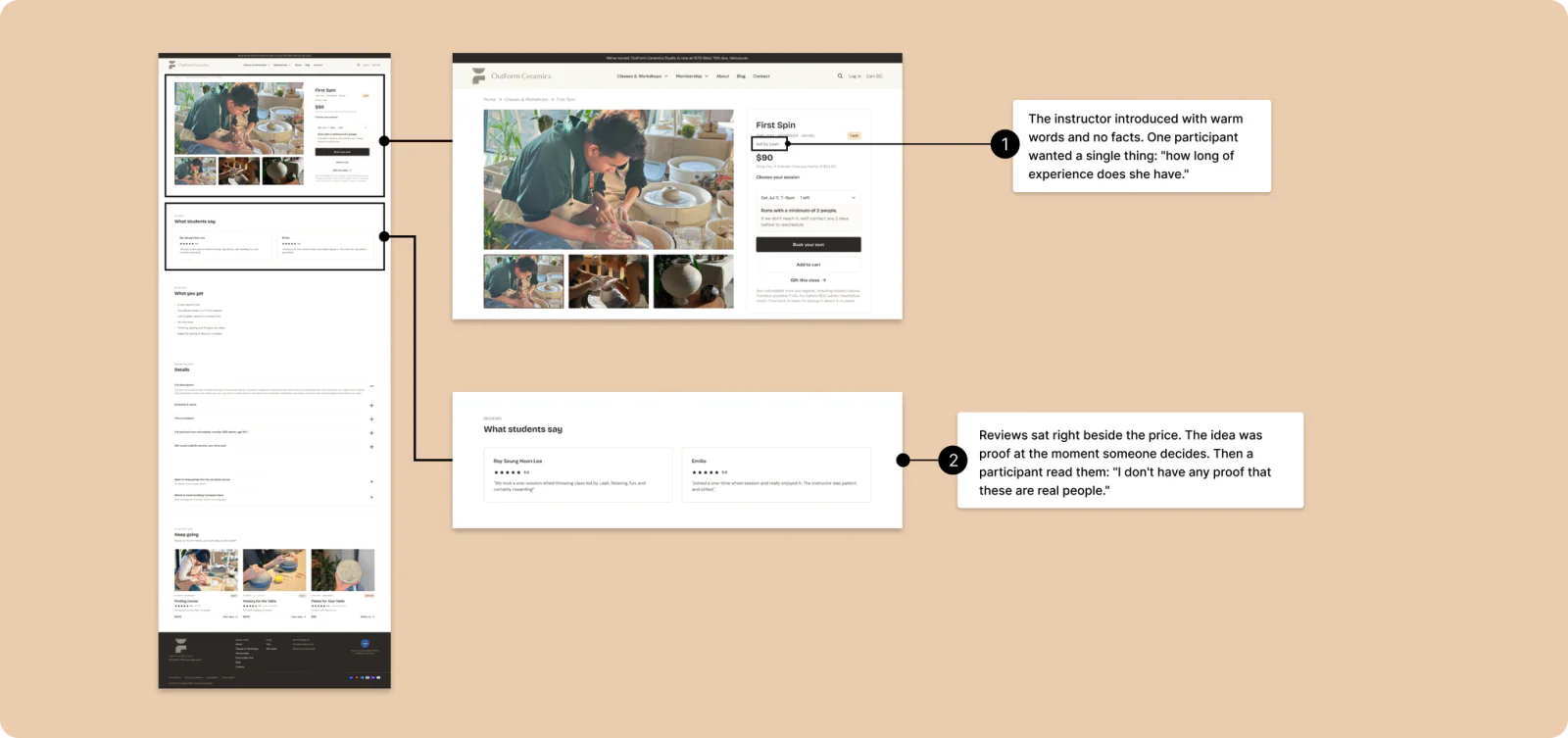 The first build of the class page: led by Leah with nothing about her, and the studio's own reviews below the price, with numbered notes.