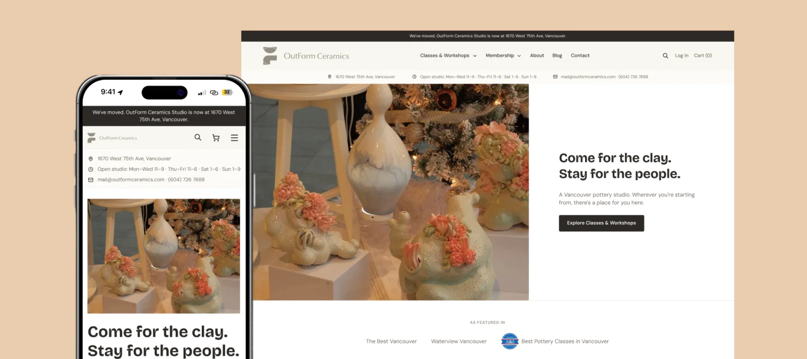 The OutForm Ceramics site on a laptop and a phone: ceramic figures with pink flowers and the headline “Come for the clay. Stay for the people.”