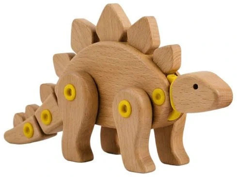 A wooden dinosaur with yellow joints.