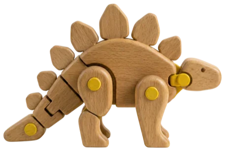 A wooden yellow dinosaur from the side.