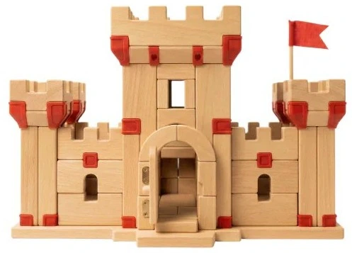A red and wooden block castle seen from the front.