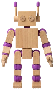 A wooden robot with purple joints, front view.