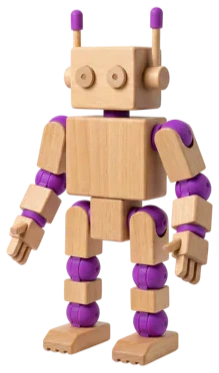 A wooden robot with purple joints, side view.