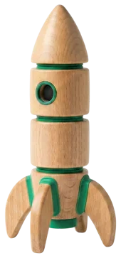 An upright wooden rocket with green bands.