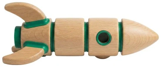 A wooden rocket lying on its side.