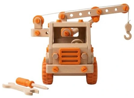 A wooden construction vehicle with orange wheels.