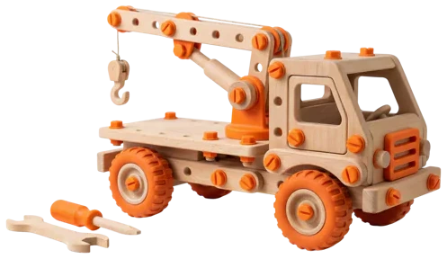 A wooden toy truck from the side.
