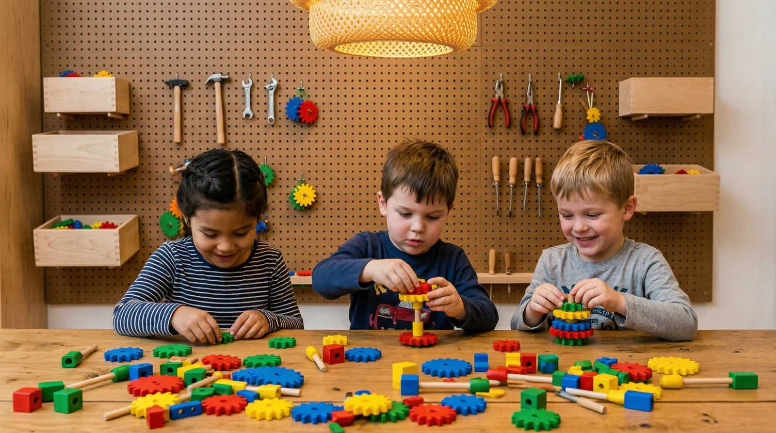 Three children building with wooden gears and blocks at a pegboard workshop wall.