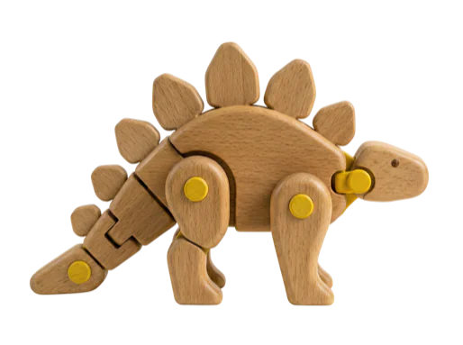 A wooden yellow dinosaur from the side.