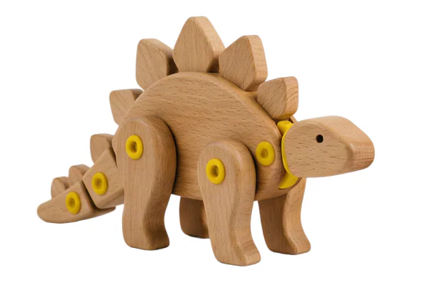 A wooden dinosaur with yellow joints.