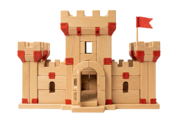 A red and wooden block castle seen from the front.