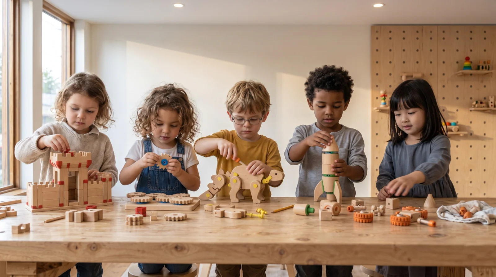 Five children building with wooden kits at a long table.