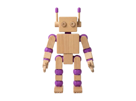 A wooden robot with purple joints, front view.