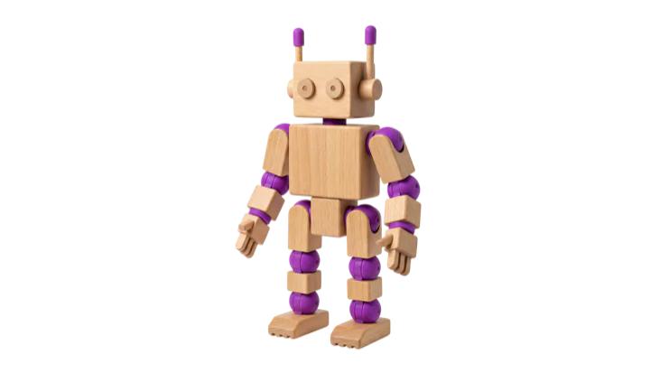 A wooden robot with purple joints, side view.