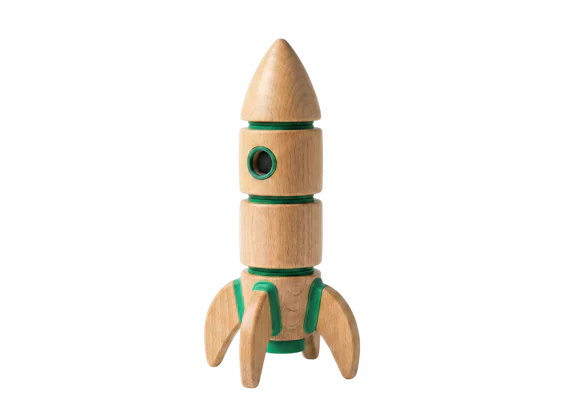 An upright wooden rocket with green bands.