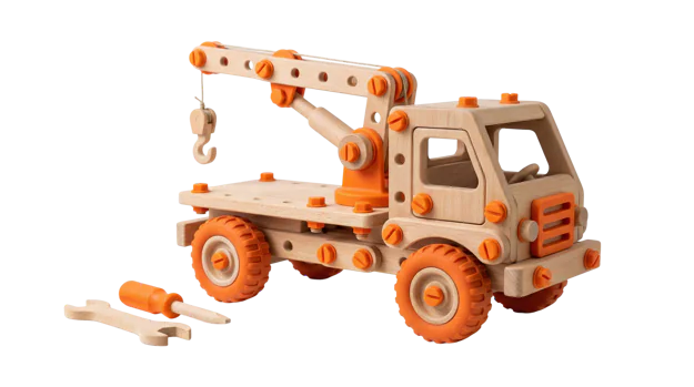 A wooden toy truck from the side.