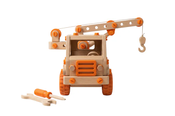 A wooden construction vehicle with orange wheels.