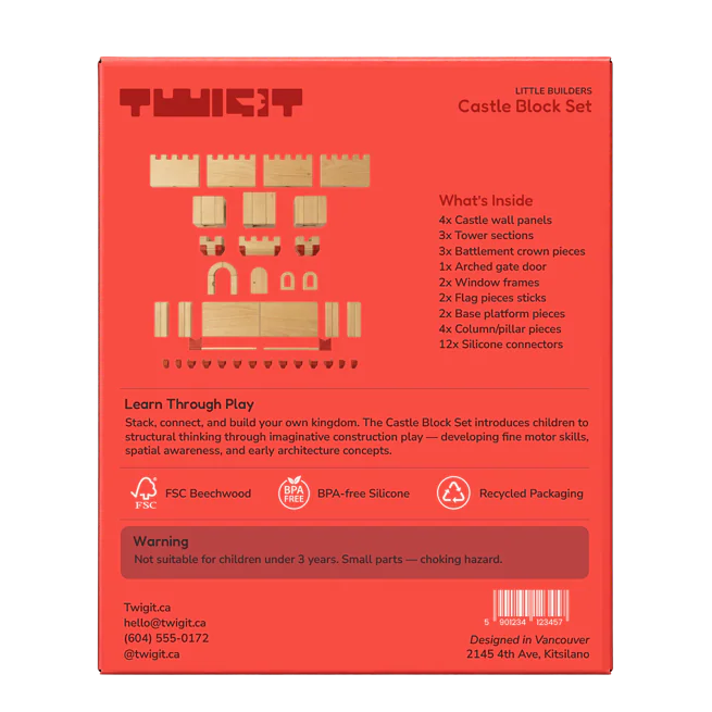The back of the box: what is inside, what the kit teaches and the material marks.