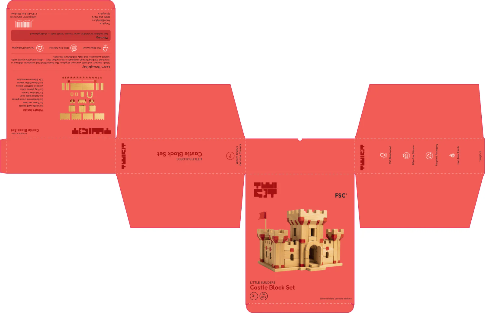 The die-cut flat of the Castle Block Set box: one red sheet with the front, back, sides and flaps laid out and scored.