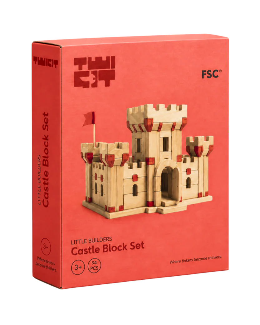 The red Castle Block Set box held upright, with the castle on the front.