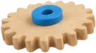 A wooden gear with a blue hub.