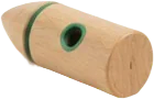 A wooden cylinder with a green band.
