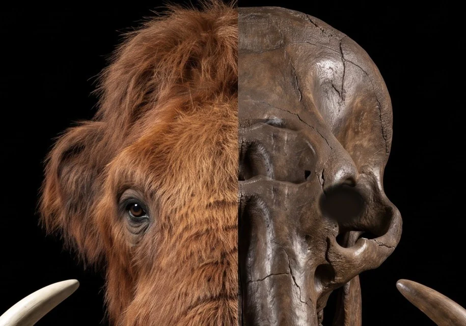 A mammoth's head split down the middle: shaggy fur on the left, a fossil skull on the right, on black