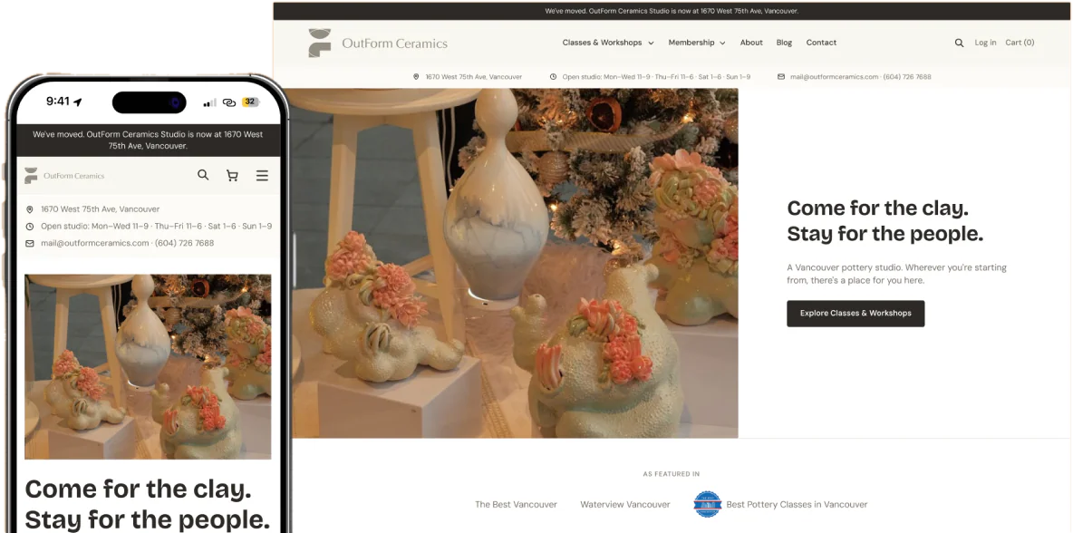 The OutForm Ceramics site on a laptop and a phone: ceramic figures with pink flowers and the headline “Come for the clay. Stay for the people.”
