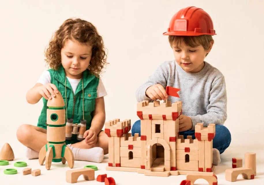 Two children building with wooden blocks: a rocket with green rings and a castle with red corner pieces
